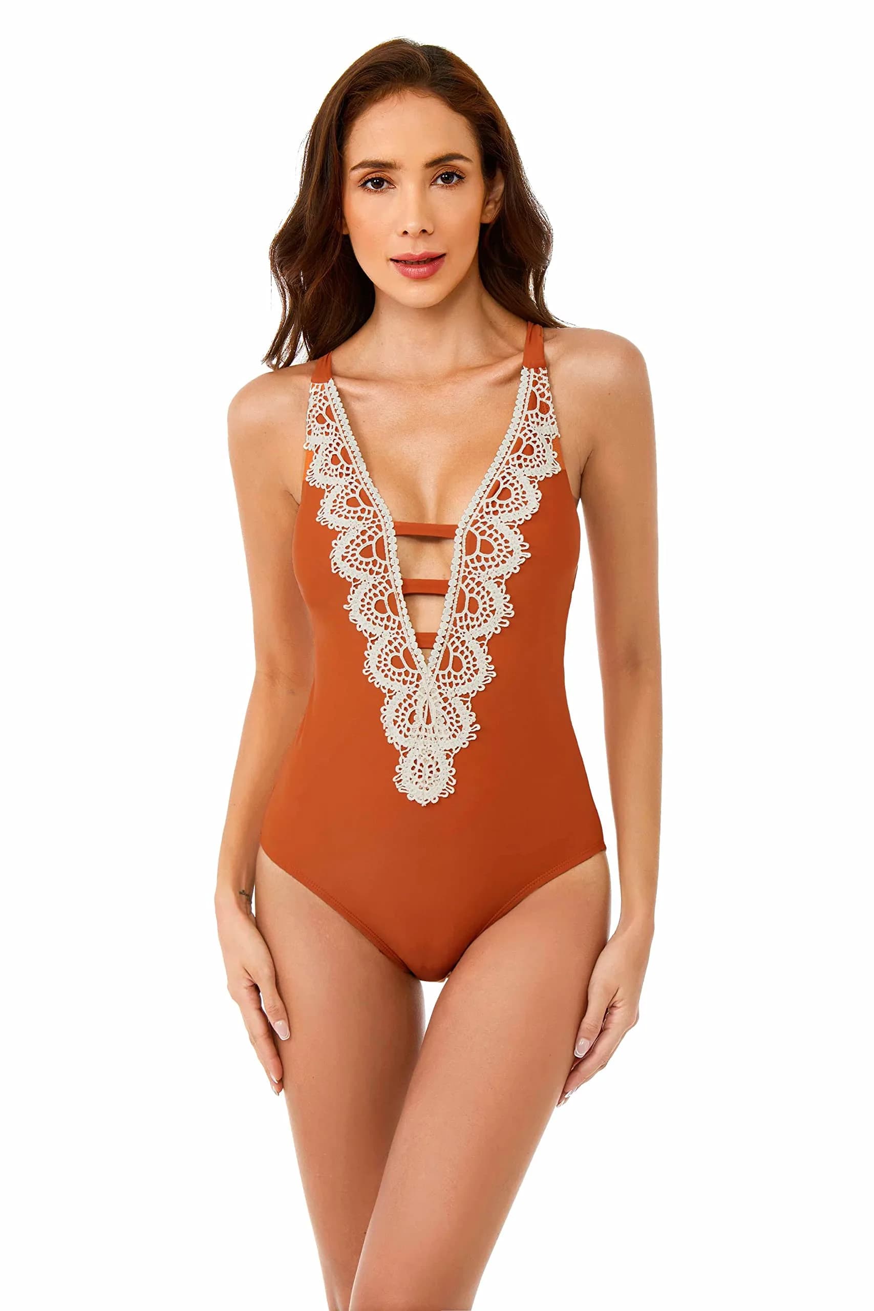 BCA by Rebecca Virtue Destination Women's One Piece Swimsuit with Plunge Neckline & Crochet Trim, Burnt Orange, Medium