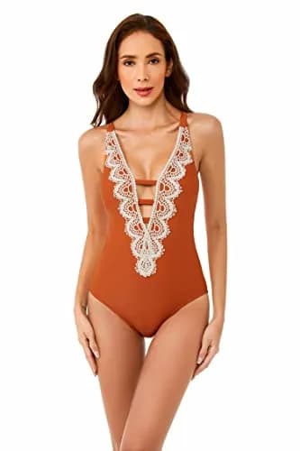 BCA by Rebecca Virtue Destination Women's One Piece Swimsuit with Plunge Neckline & Crochet Trim, Burnt Orange, Medium thumbnail 1