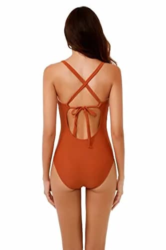 BCA by Rebecca Virtue Destination Women's One Piece Swimsuit with Plunge Neckline & Crochet Trim, Burnt Orange, Medium thumbnail 2