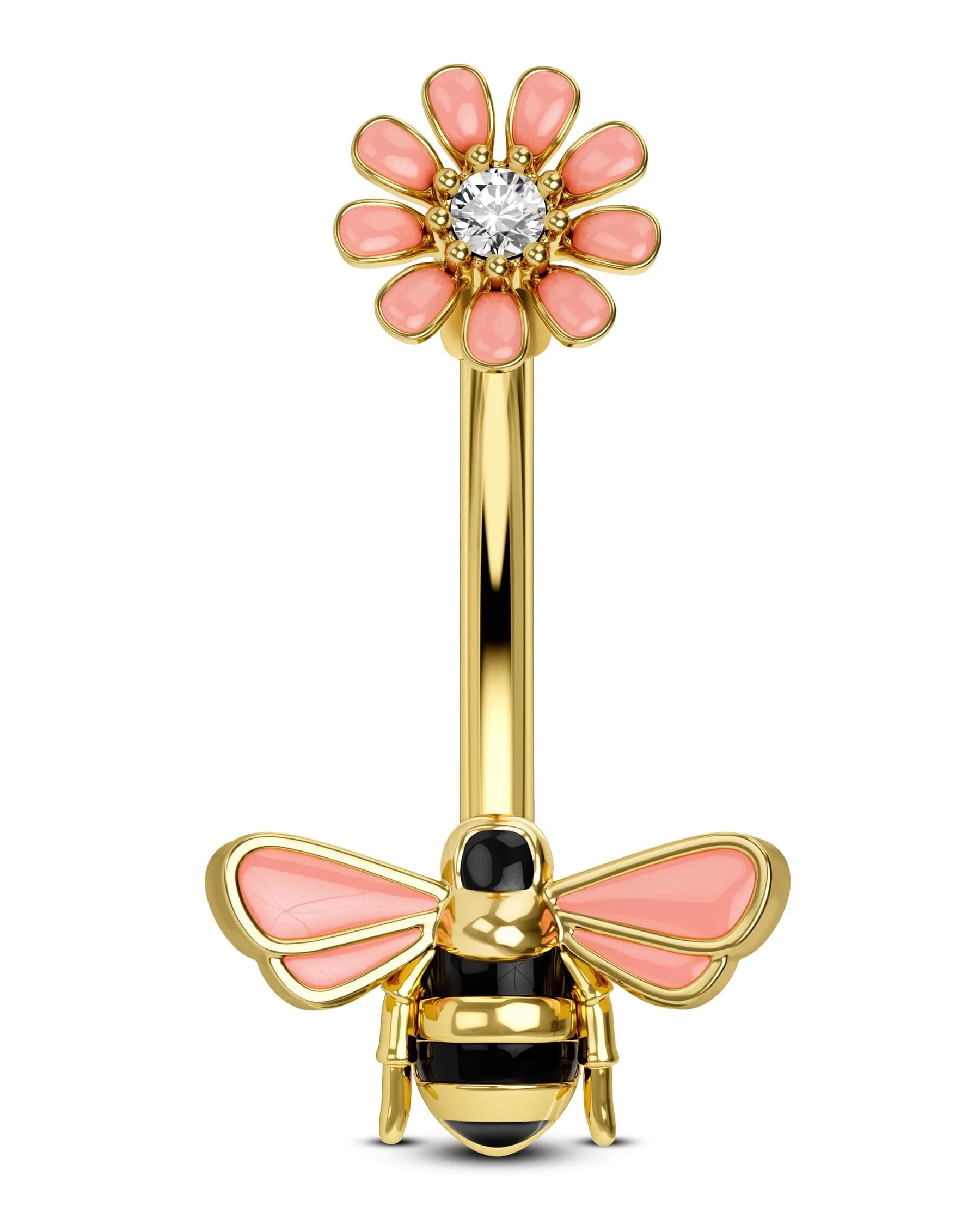 CM Crareesi Mania Belly Button Ring 14G Stainless Steel Bee & Flower Design | Cute Navel Piercing Jewelry with 10mm Diameter — Bee