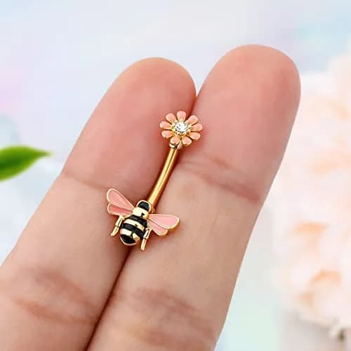 CM Crareesi Mania Belly Button Ring 14G Stainless Steel Bee & Flower Design | Cute Navel Piercing Jewelry with 10mm Diameter thumbnail 5