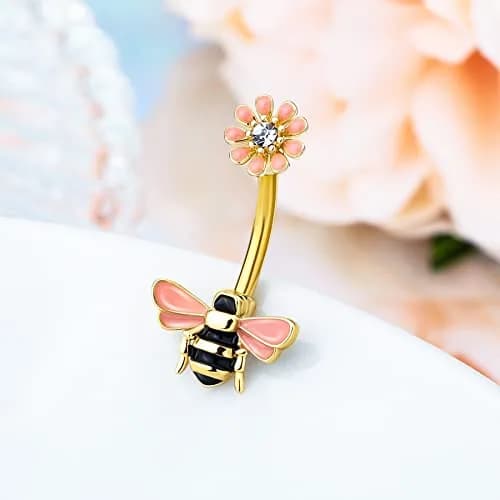 CM Crareesi Mania Belly Button Ring 14G Stainless Steel Bee & Flower Design | Cute Navel Piercing Jewelry with 10mm Diameter thumbnail 2