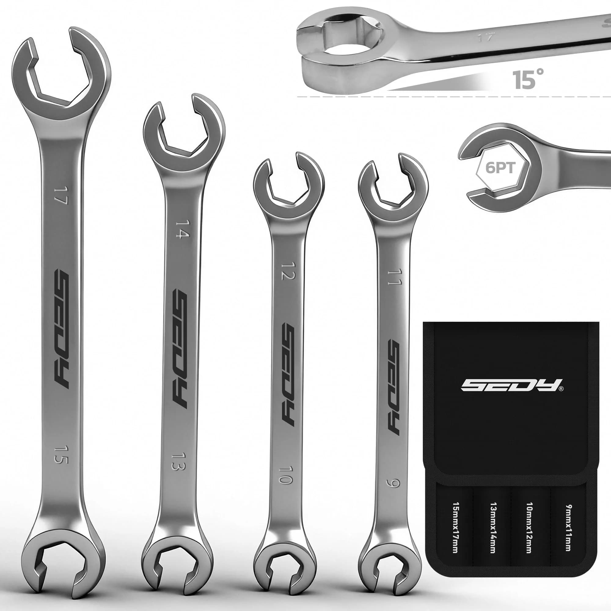 SEDY 4-Piece Metric Flare Nut Wrench Set 9-17mm | Offset Spanner for Fuel Lines & Hoses - main product image