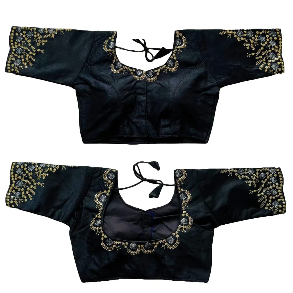 Pujia Mills Black Silk Embroidery Choli 38 (96.5 cm) | Padded Half Sleeve Round Neck - main product image