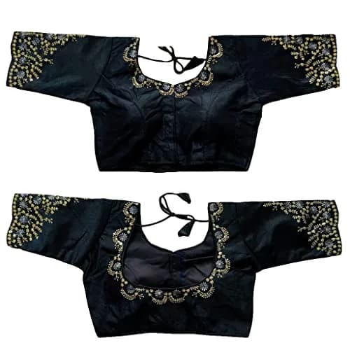 Pujia Mills Black Silk Embroidery Choli 38 (96.5 cm) | Padded Half Sleeve Round Neck thumbnail 1