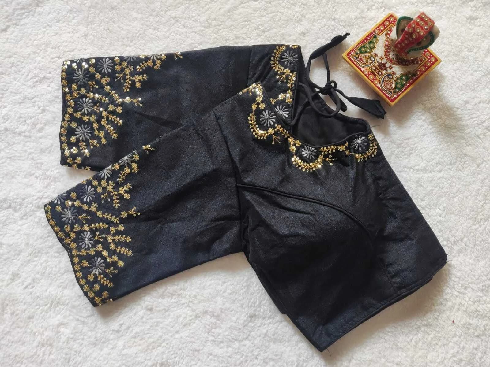 Pujia Mills Black Silk Embroidery Choli 38 (96.5 cm) | Padded Half Sleeve Round Neck - view 2