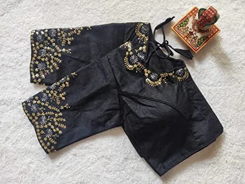 Pujia Mills Black Silk Embroidery Choli 38 (96.5 cm) | Padded Half Sleeve Round Neck thumbnail 2