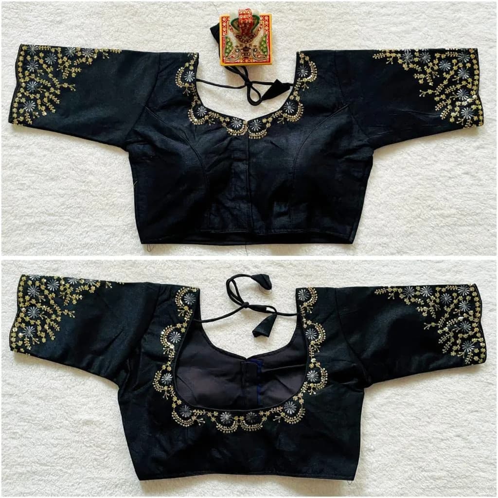 Pujia Mills Black Silk Embroidery Choli 38 (96.5 cm) | Padded Half Sleeve Round Neck - view 3
