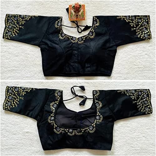 Pujia Mills Black Silk Embroidery Choli 38 (96.5 cm) | Padded Half Sleeve Round Neck thumbnail 3