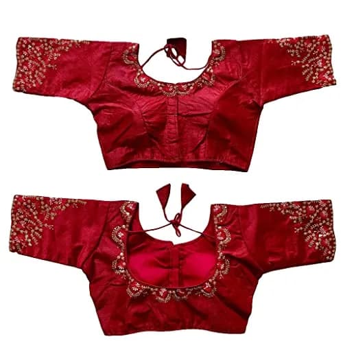 Pujia Mills Women's Silk Embroidery Work Blouse Burgundy 38 (96.5 cm) | Adjustable Fit for Sizes 38-42 thumbnail 1
