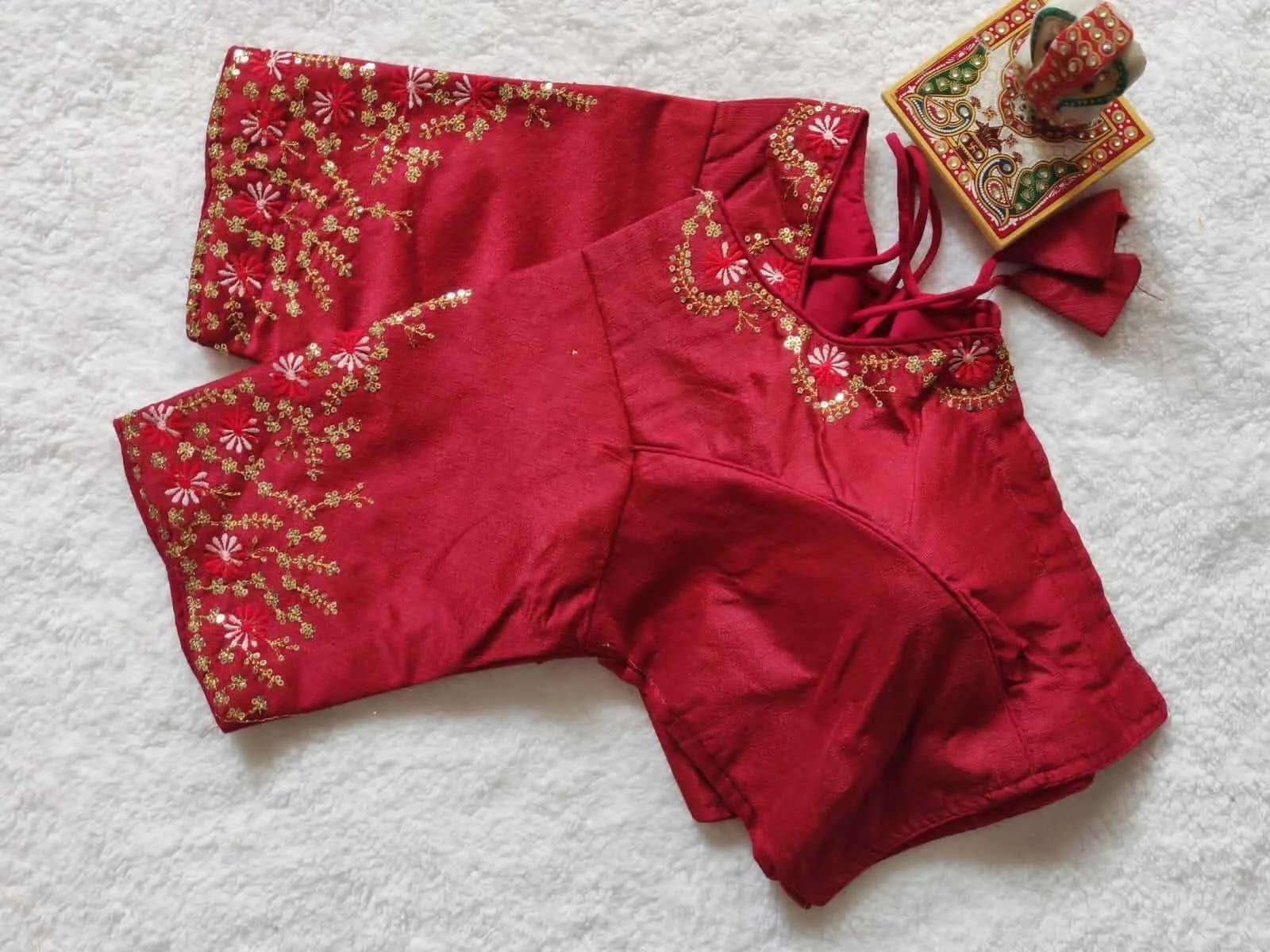 Pujia Mills Women's Silk Embroidery Work Blouse Burgundy 38 (96.5 cm) | Adjustable Fit for Sizes 38-42 - view 2