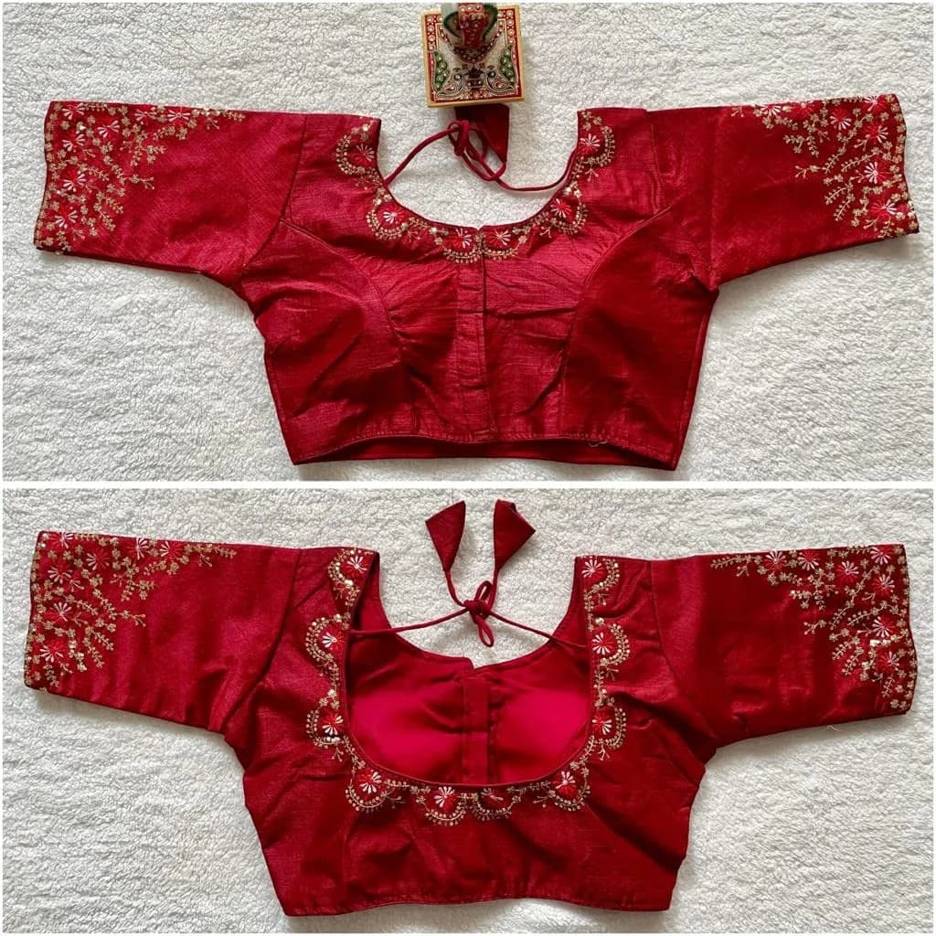 Pujia Mills Women's Silk Embroidery Work Blouse Burgundy 38 (96.5 cm) | Adjustable Fit for Sizes 38-42 - view 3