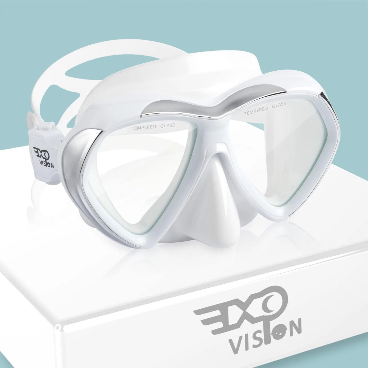 EXP VISION Adult Scuba Diving Mask, Anti-Fog Snorkel Goggles with Nose Cover & Wide Silicone Skirt | Tempered Glass Lens, 180° Panoramic View — White