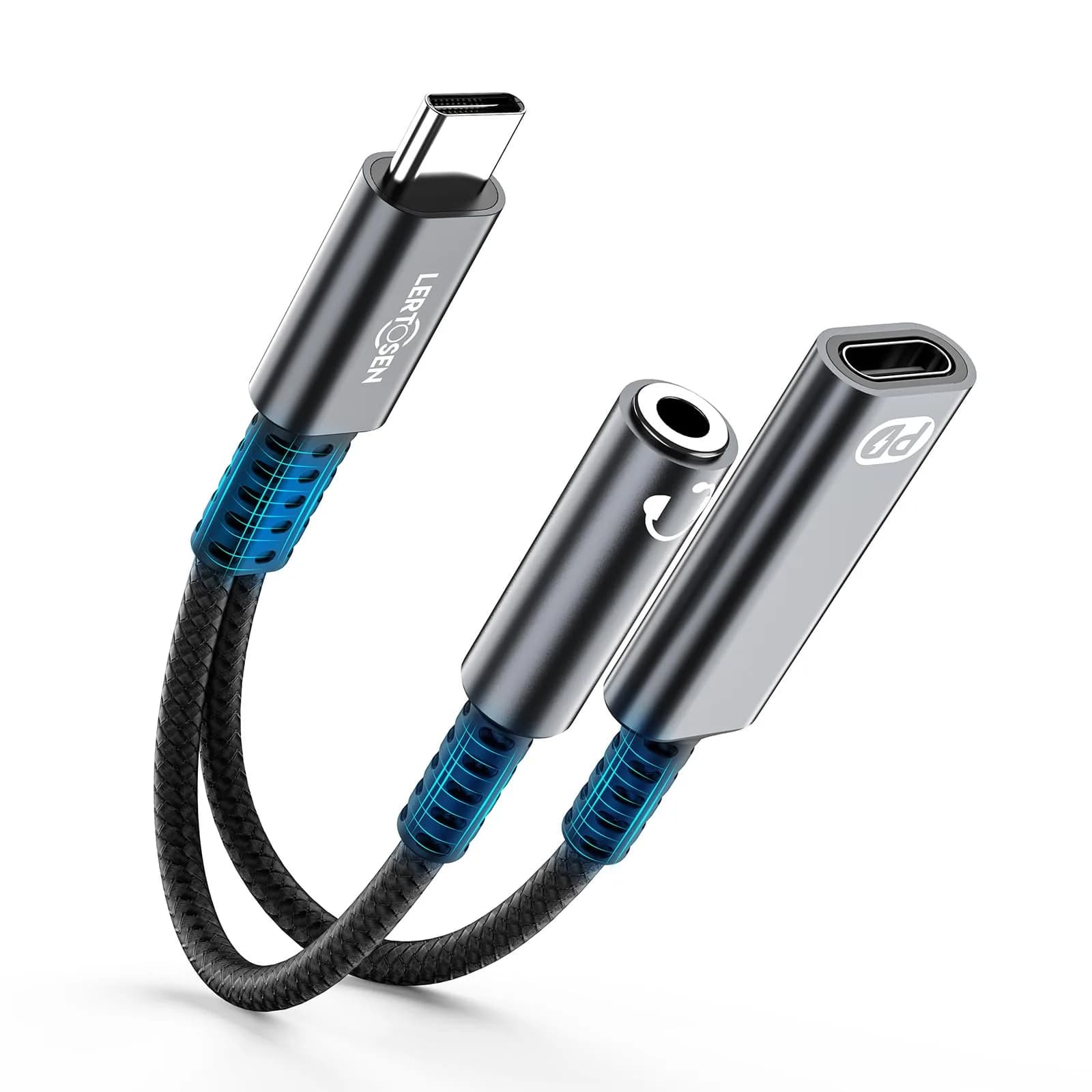LERTOSEN USB C to 3.5mm Headphone Jack & Charger Adapter | Hi-Res Audio & 60W PD Fast Charging — Grey