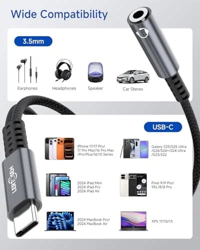 LERTOSEN USB C to 3.5mm Headphone & Charger Adapter | 60W PD Fast Charging, Hi-Res Audio, Compact Design (13cm) thumbnail 8