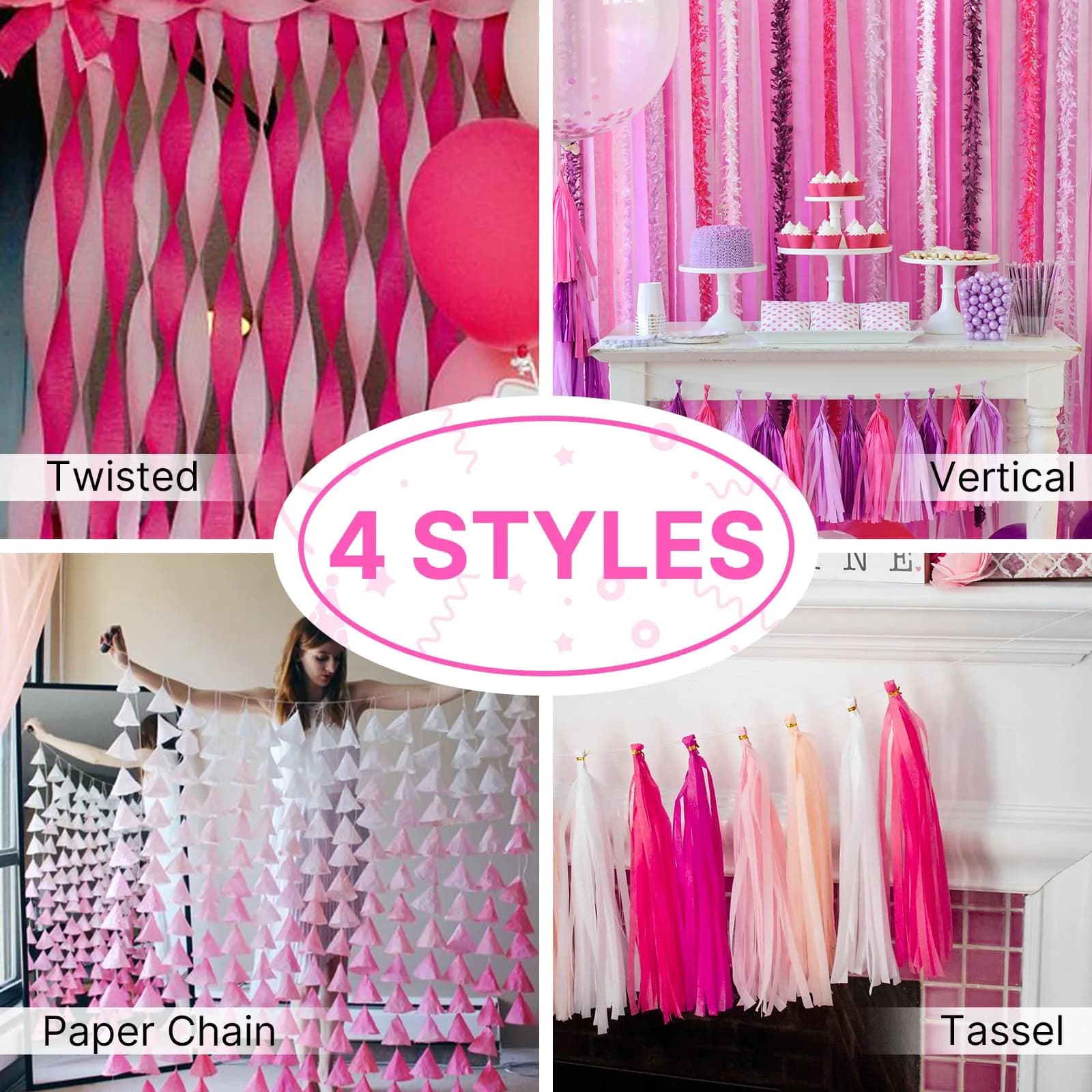 PartyWoo Light Pink Crepe Paper Streamers 4 Rolls, 328 FT Total | FSC-Certified Paper for Parties & Crafts - view 5