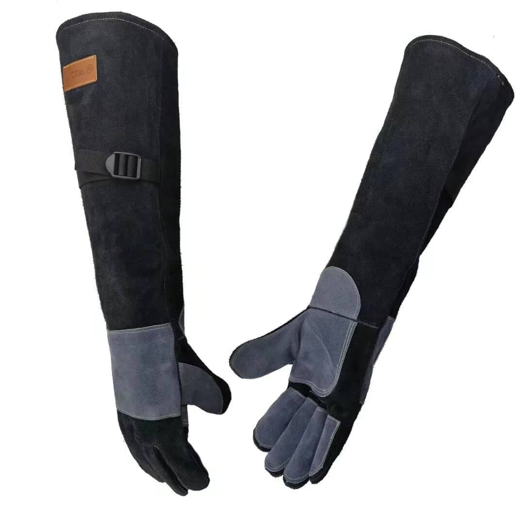 WZQH 23.6 Inch Animal Handling & Welding Gloves, Bite Proof Leather with Kevlar Stitching, XL (Black)