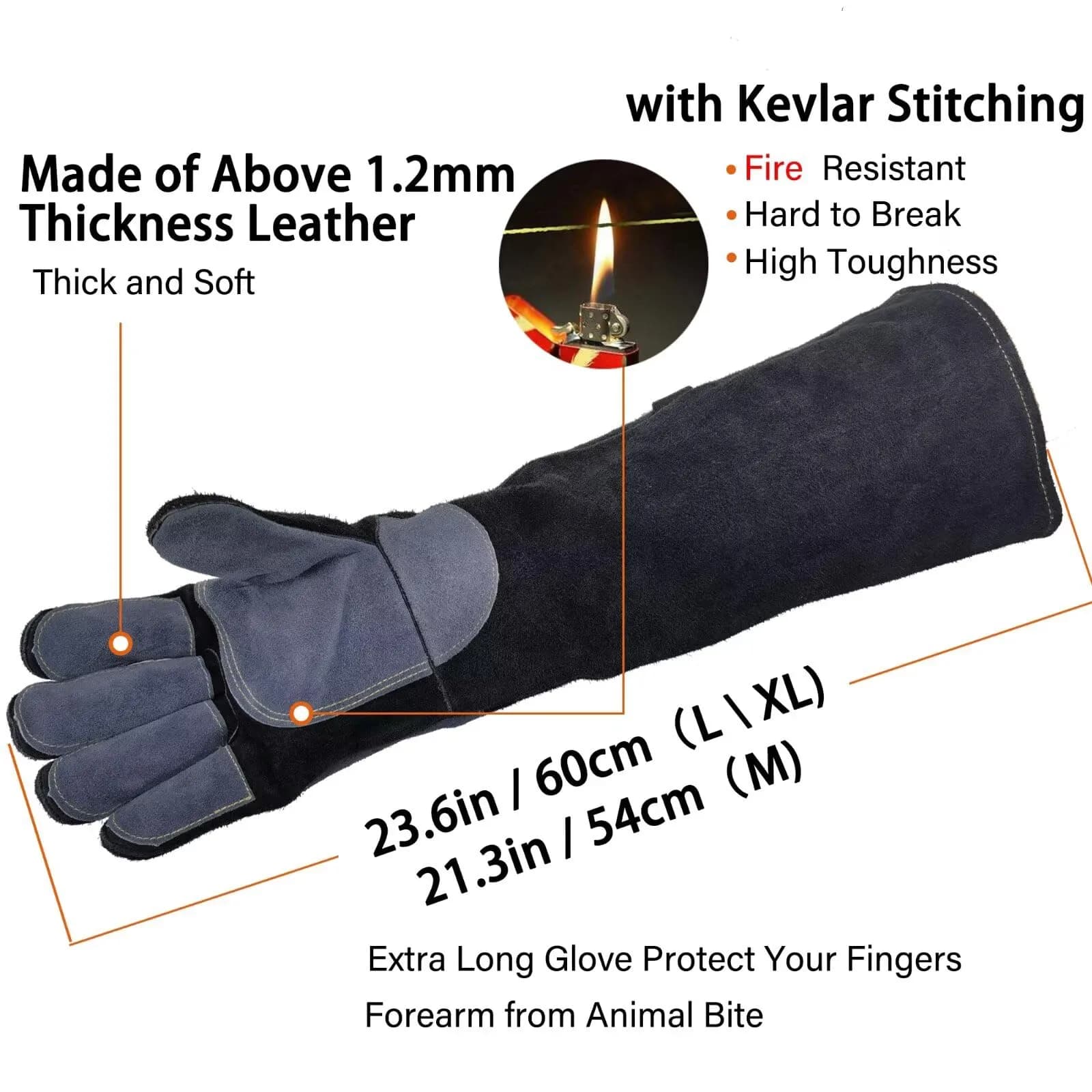 WZQH 23.6 Inch Animal Handling & Welding Gloves, Bite Proof Leather with Kevlar Stitching, XL (Black) - view 2