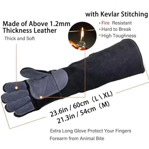 WZQH 23.6 Inch Animal Handling & Welding Gloves, Bite Proof Leather with Kevlar Stitching, XL (Black) thumbnail 2