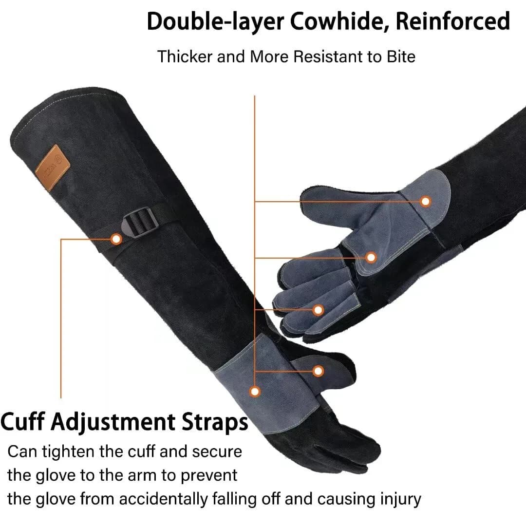WZQH 23.6 Inch Animal Handling & Welding Gloves, Bite Proof Leather with Kevlar Stitching, XL (Black) - view 3