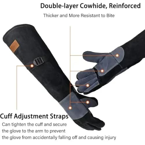 WZQH 23.6 Inch Animal Handling & Welding Gloves, Bite Proof Leather with Kevlar Stitching, XL (Black) thumbnail 3