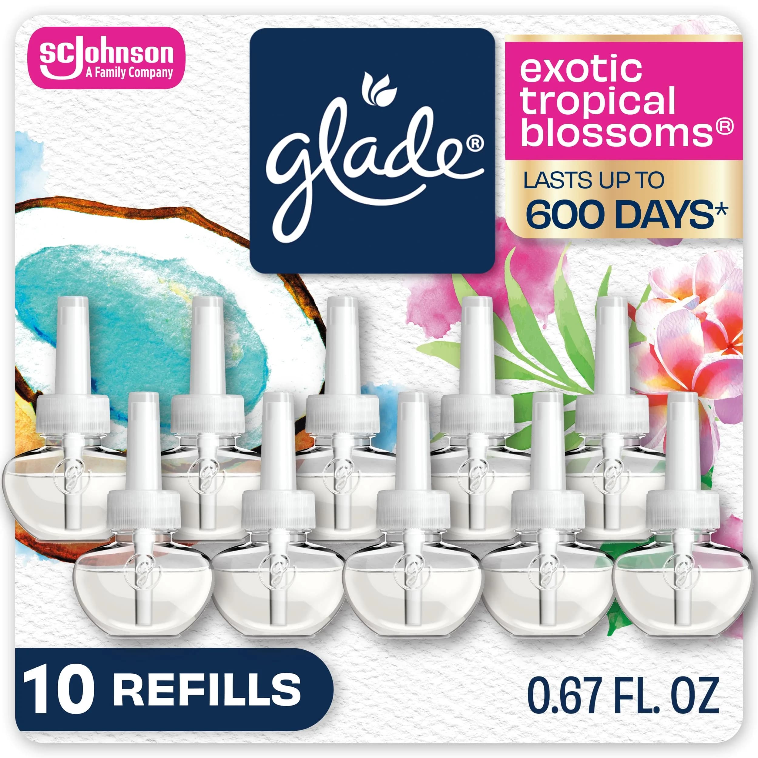 Glade Exotic Tropical Blossoms Air Freshener Refills 6.7 Fl Oz (200ml) | 10 Count Pack with Essential Oils - main product image