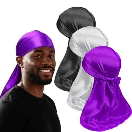 Sdiahoo 3PCS Silky Durags for Men Women Waves | Doo Rag Compression Caps for 360-720 Waves (Purple,White,Black) thumbnail 1