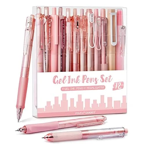 Four Candies Cute Pink Pens, Black Gel Ink, Rose - 12ct, 0.5mm Fine Point | Smooth Writing Instrument — Rose | 10 Black, 2 Pink