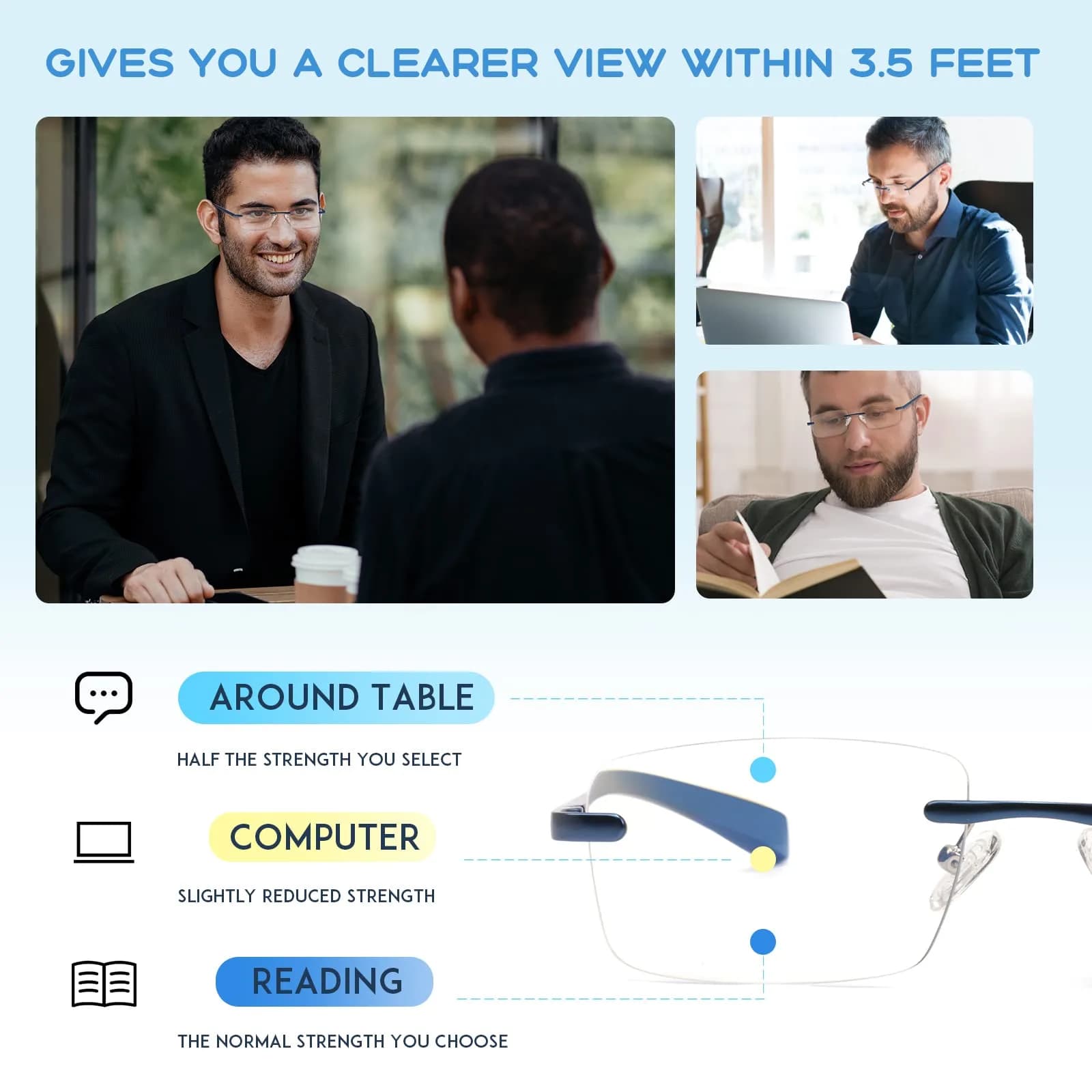 Missfive Premium Aluminum Progressive Multifocus Reading Glasses 1.5 Diopters (0.75x-1.5x) | Blue Light Blocking, Rimless - view 3