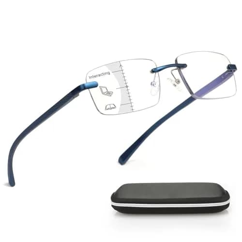 Missfive Premium Aluminum Progressive Multifocus Reading Glasses 147mm (5.79 in) | Blue Light Blocking, Rimless Metal Readers — Multifocal, Non-0 Top Lens / Dark Sapphire