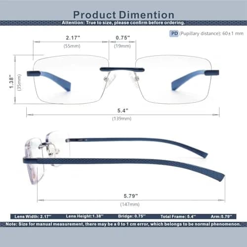 Missfive Premium Aluminum Progressive Multifocus Reading Glasses 147mm (5.79 in) | Blue Light Blocking, Rimless Metal Readers thumbnail 5