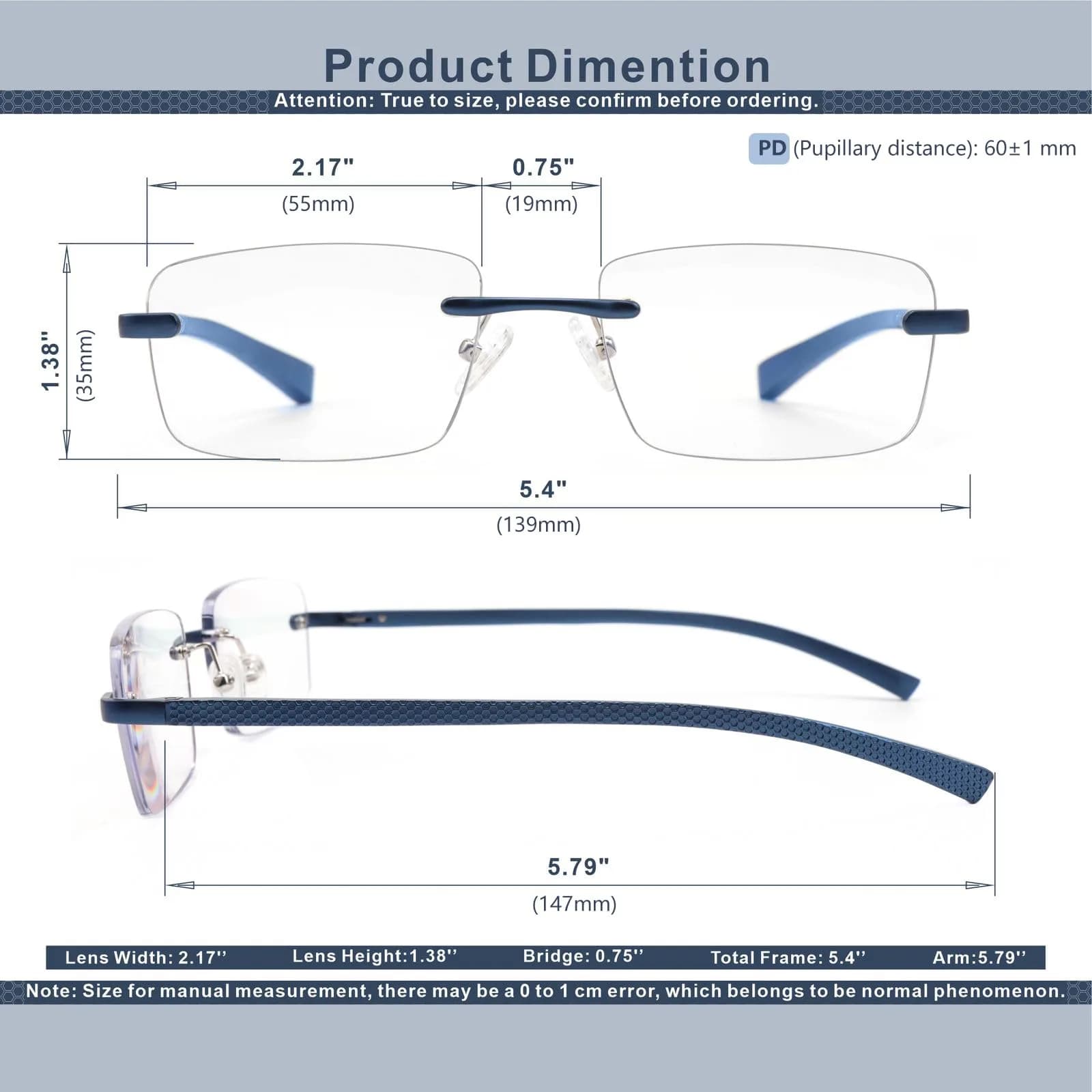 Missfive Premium Aluminum Progressive Multifocus Reading Glasses 147mm (5.79 in) | Blue Light Blocking, Rimless Metal Readers - view 5