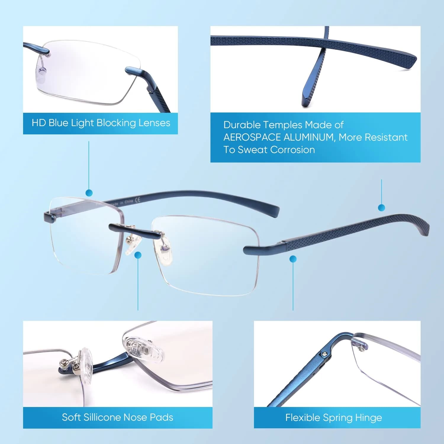 Missfive Premium Aluminum Progressive Multifocus Reading Glasses 147mm (5.79 in) | Blue Light Blocking, Rimless Metal Readers - view 6