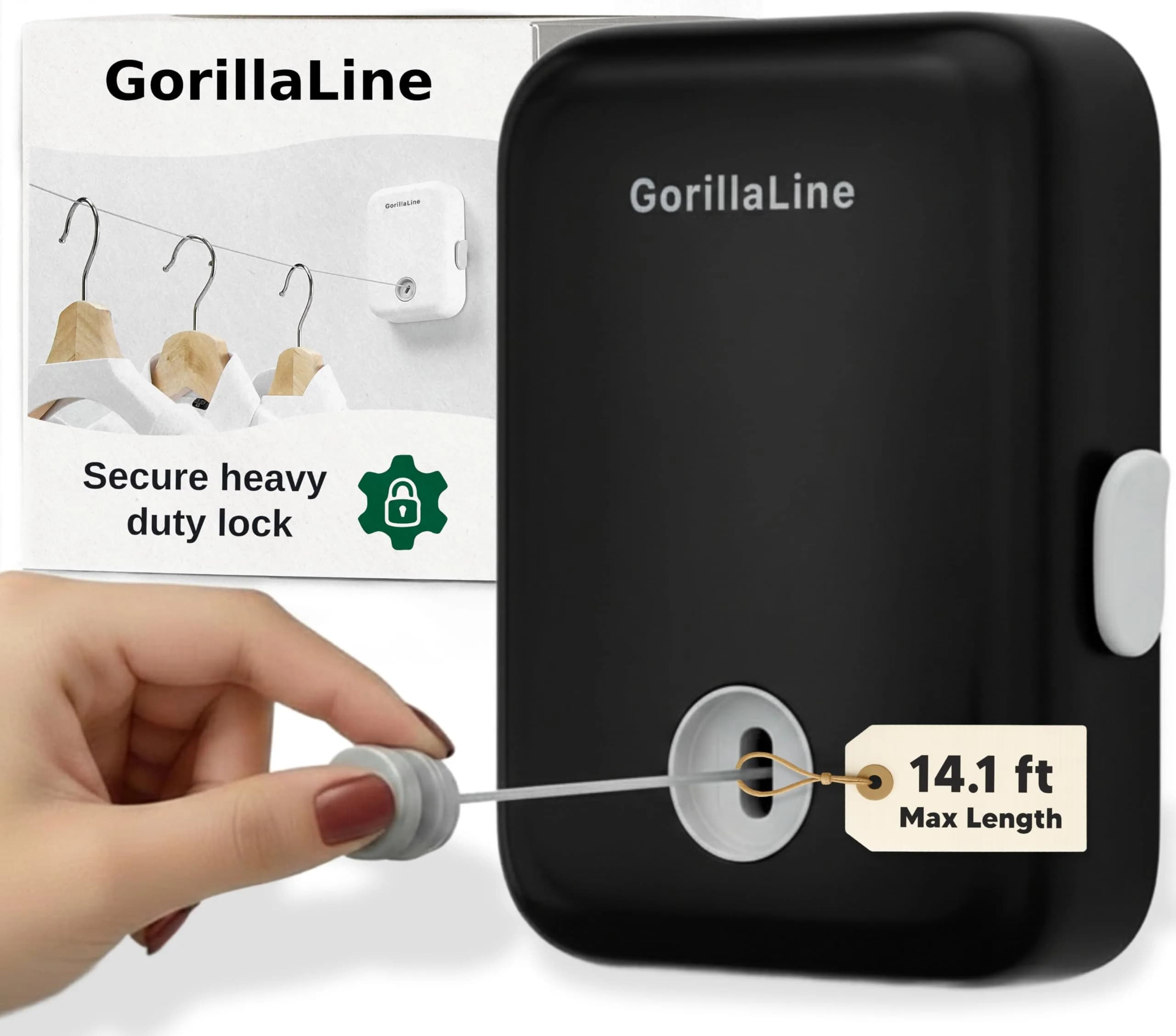 GorillaLine Retractable Clothesline 14.1 ft (4.3 m) | Heavy Duty Wall Mounted Drying Rack for Indoor & Outdoor Use — Black