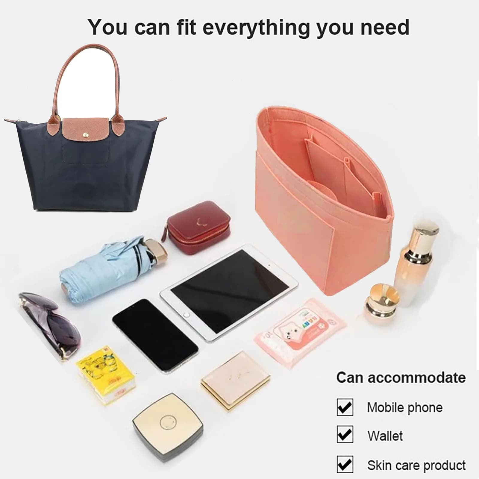 Lckaey Large Pink Felt Purse Organizer Insert | 28cm (11.02") Width, 18cm (7.08") Depth, 22.5cm (8.86") Height - view 4