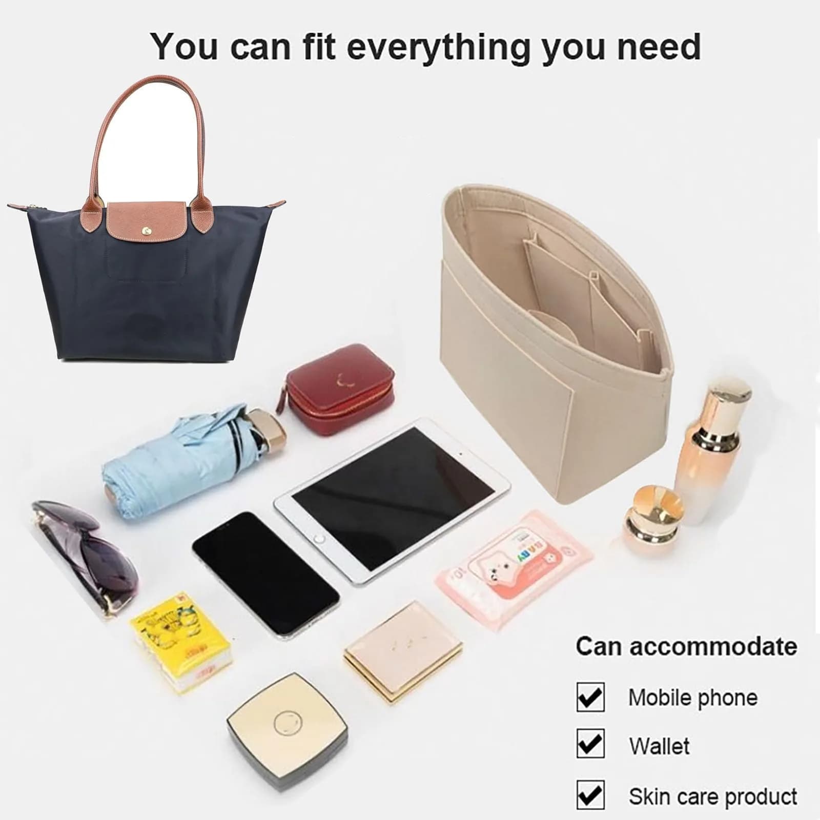 Lckaey Large Felt Purse Organizer Insert for Longchamp Le Pliage Handbag 27.9cm (11.02" W x 7.08" D x 8.86" H) | Keeps Bags Shipshape - view 4