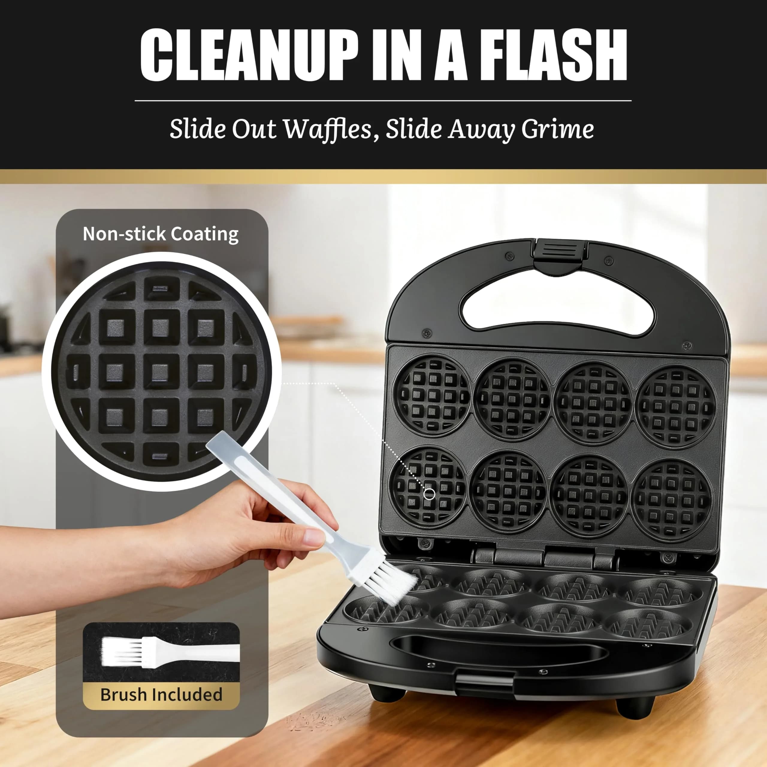 FineMade Mini Waffle Maker, 8 Tiny Waffle Bites | Compact & Safe Design - view 6