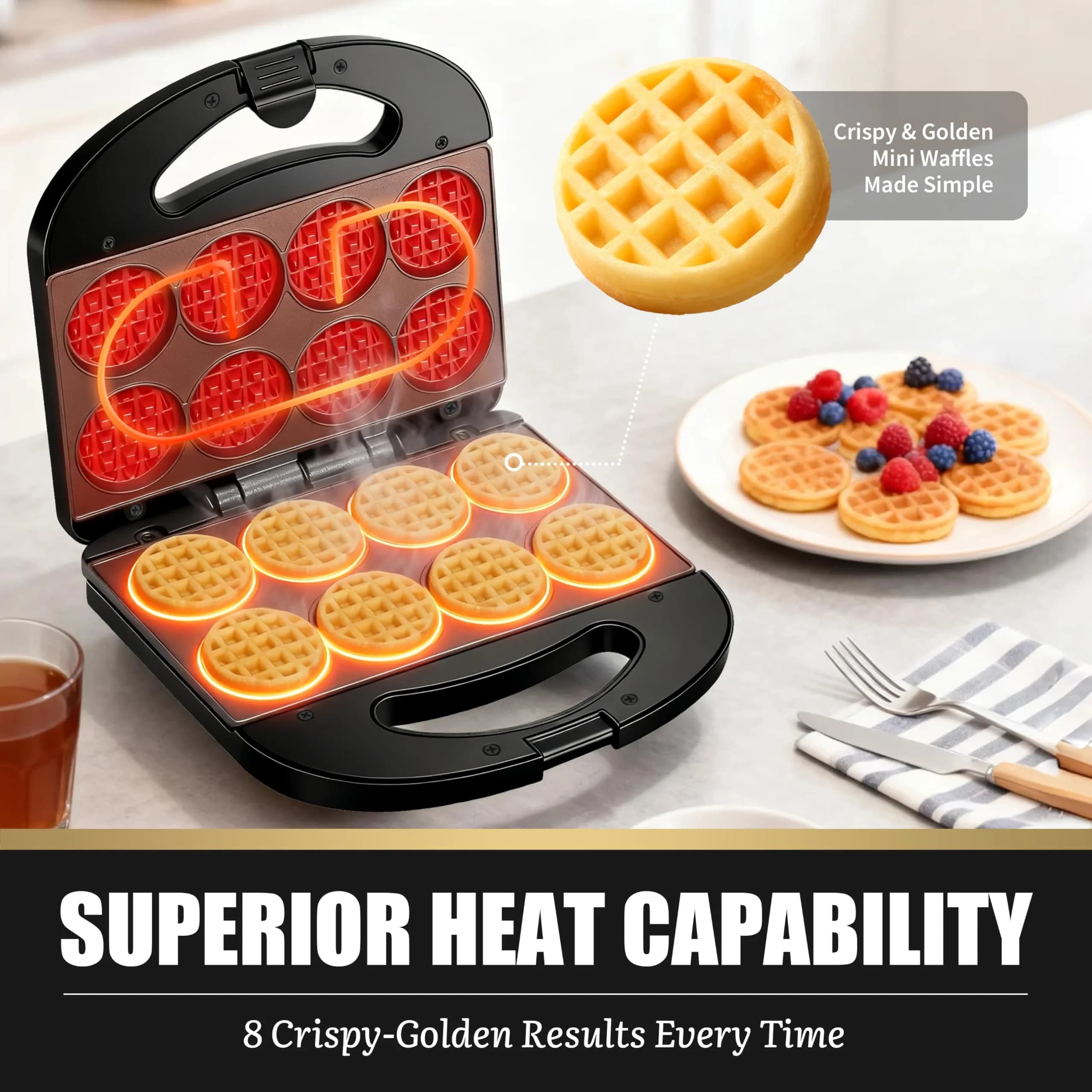 FineMade Mini Waffle Maker, 8 Tiny Waffle Bites | Compact & Safe Design - view 4