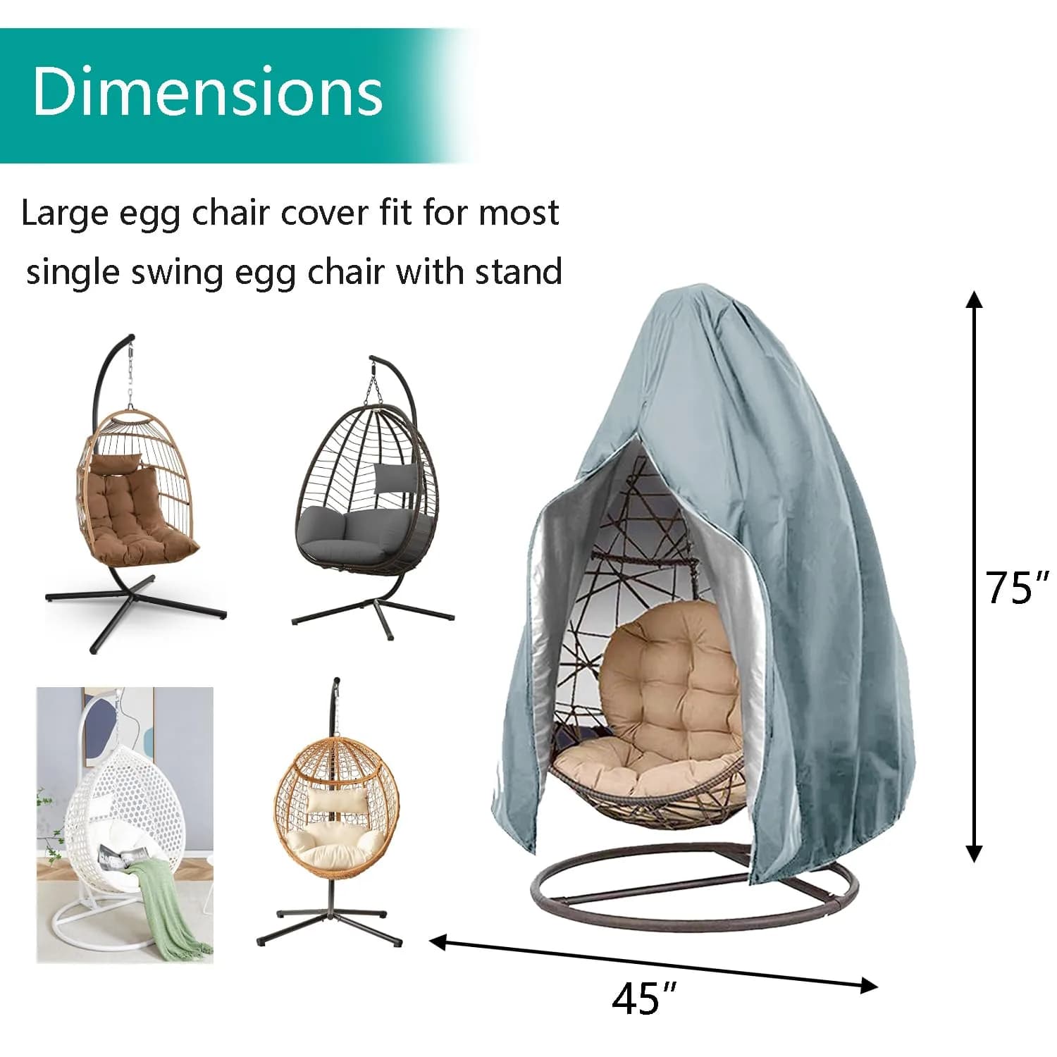 FLYMEI Grey Egg Chair Cover 190.5cm x 114.3cm (75" x 45") | Heavy Duty Waterproof Outdoor Protection - view 3