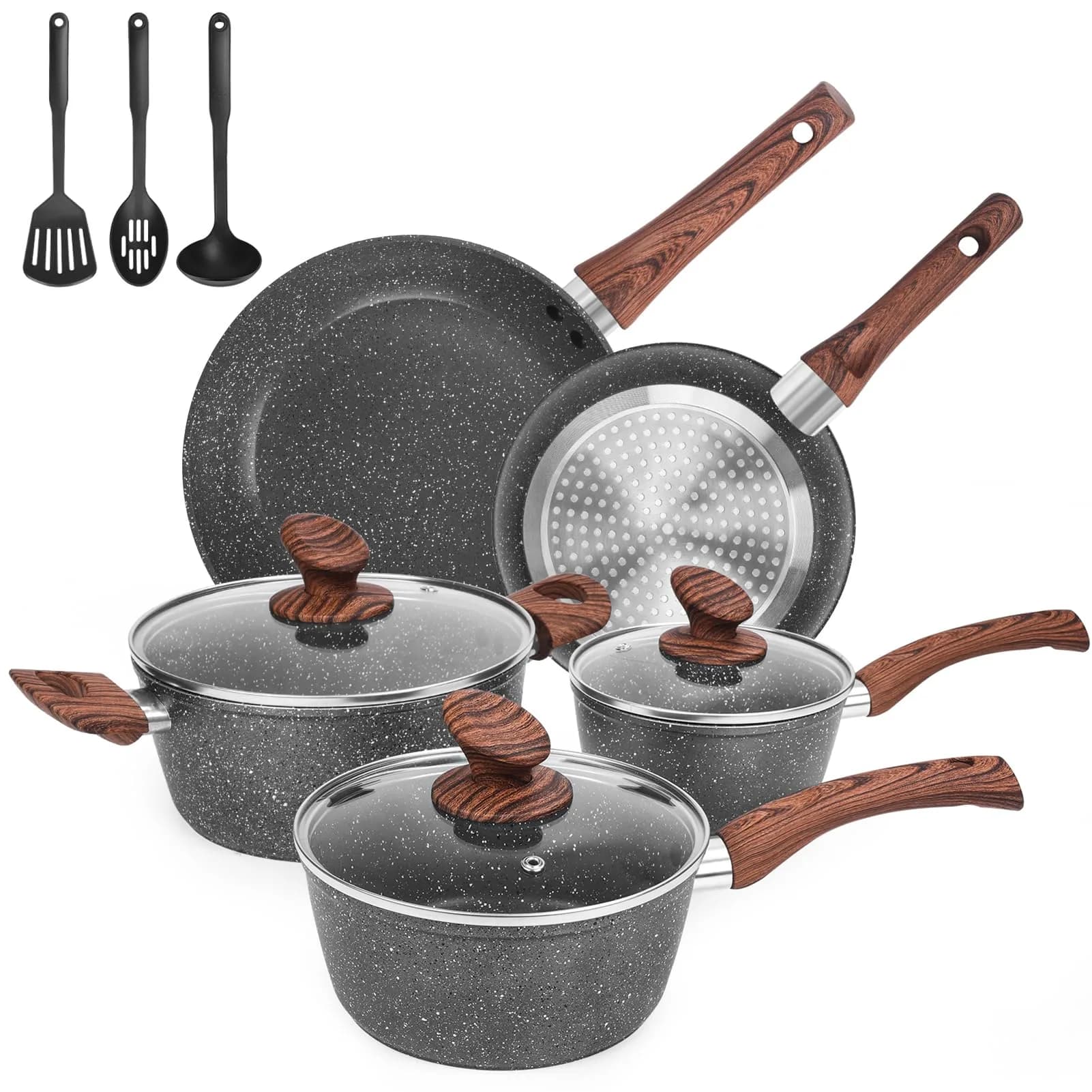 M MELENTA Pots and Pans Set Non Stick 11-Piece Grey Granite | Durable, Induction Compatible with Easy Cleanup