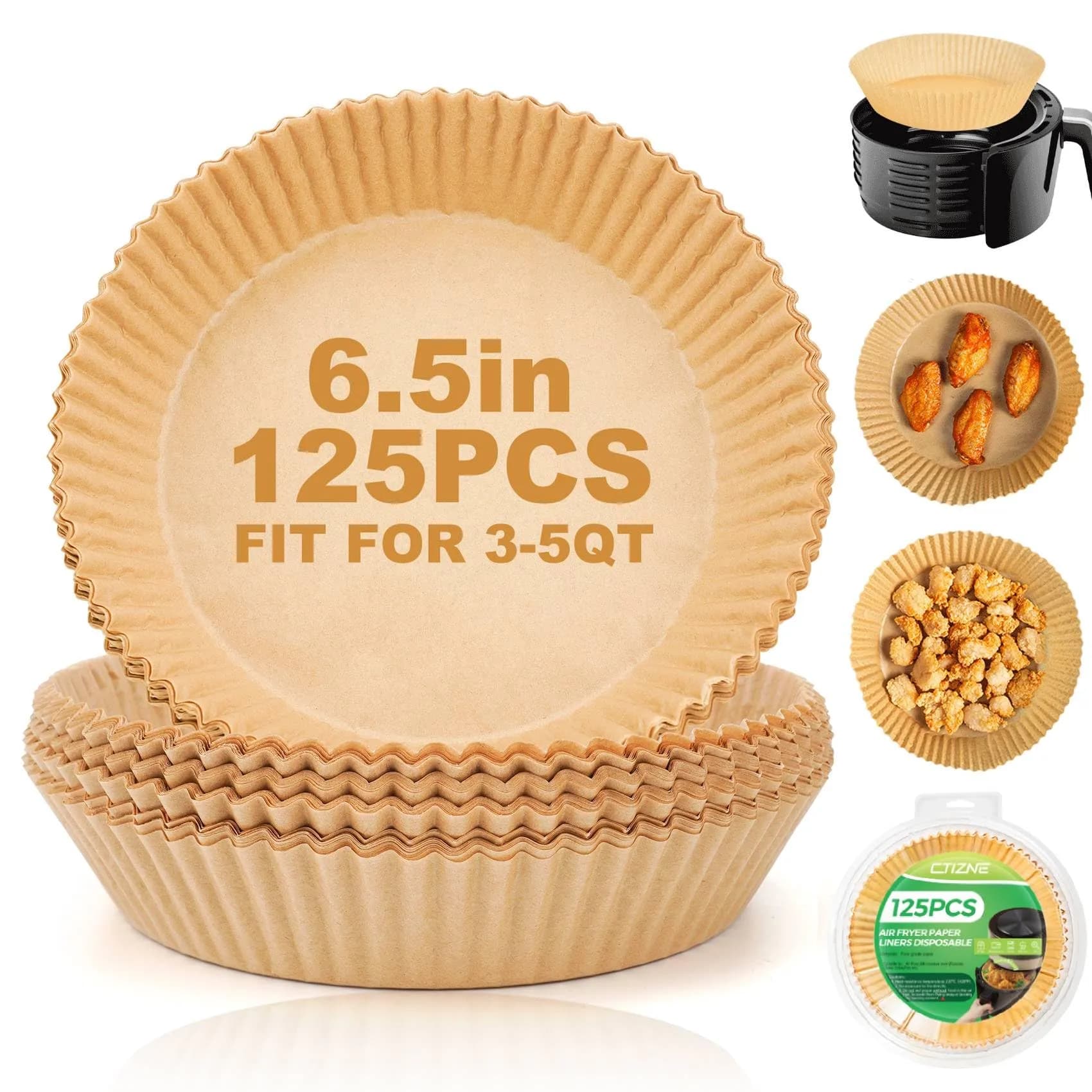ctizne Disposable Air Fryer Liners 6.5In | Non-Stick, 125 pcs for 3-5 Qt Basket