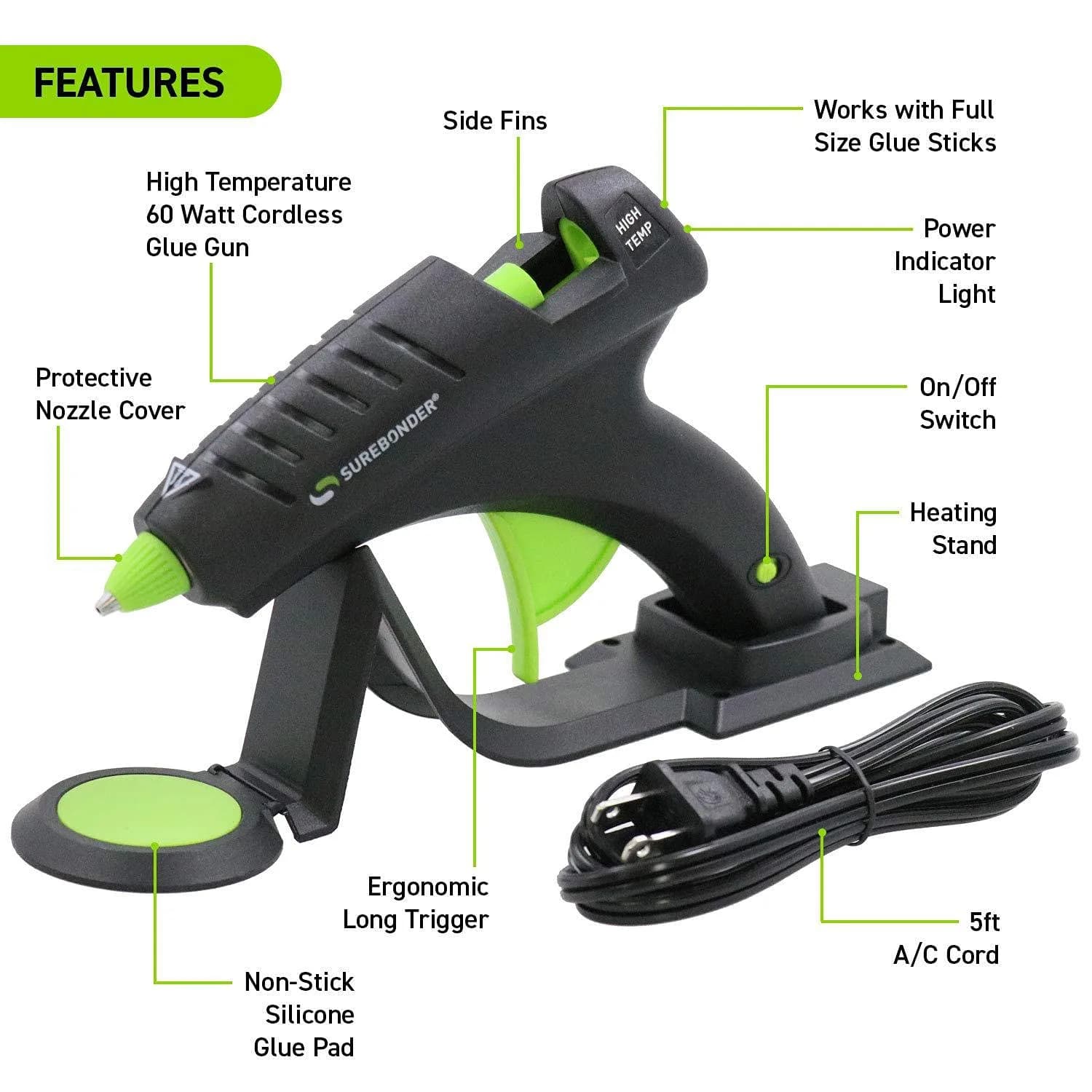 Surebonder Cordless Hot Glue Gun with 85 AdTech Glue Sticks | High Temp 380°F Bonds Metal, Wood, Ceramics - view 4