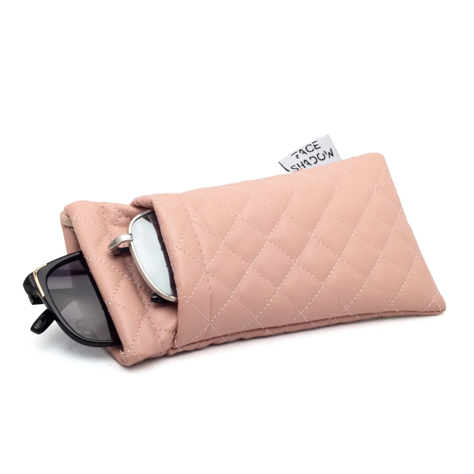 Face Shadow Double Eyeglass Pouch Large Squeeze Top Microfiber Soft Glasses Case with Cleaning Cloth | Holds Two Pairs — Pu Pink