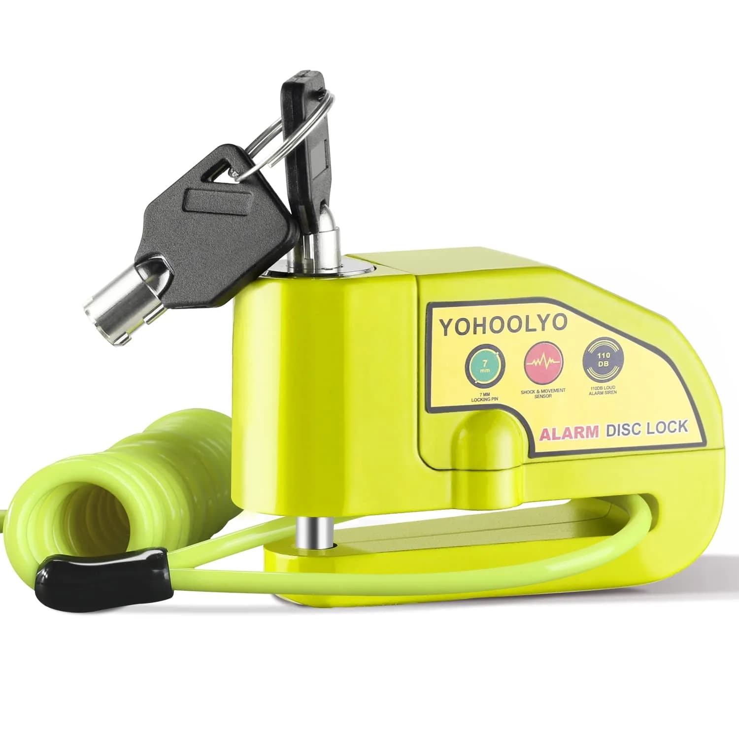 YOHOOLYO Black Alarm Disc Lock for Motorcycles & Scooters | 7mm Pin, 110dB Alarm, 5ft Reminder Cable — Green
