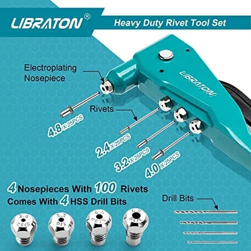 LIBRATON Heavy Duty Rivet Gun Set with 110 Rivets & 4 HSS Drills | Professional Hand Riveter for Metal, Wood, Plastic thumbnail 4