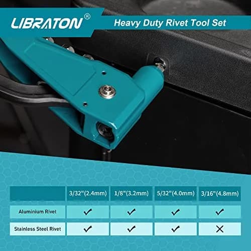 LIBRATON Heavy Duty Rivet Gun Set with 110 Rivets & 4 HSS Drills | Professional Hand Riveter for Metal, Wood, Plastic thumbnail 8
