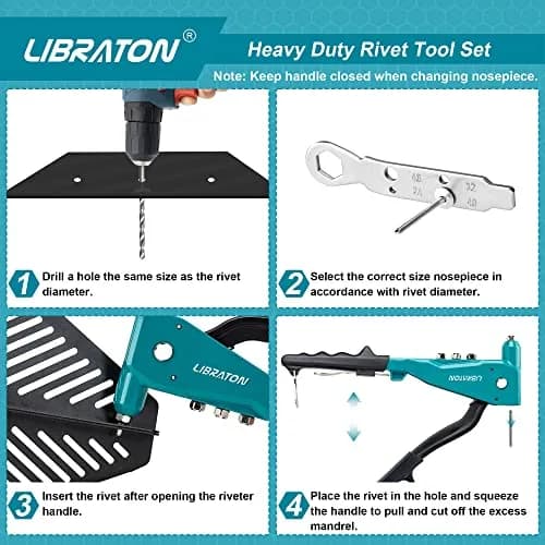 LIBRATON Heavy Duty Rivet Gun Set with 110 Rivets & 4 HSS Drills | Professional Hand Riveter for Metal, Wood, Plastic thumbnail 2