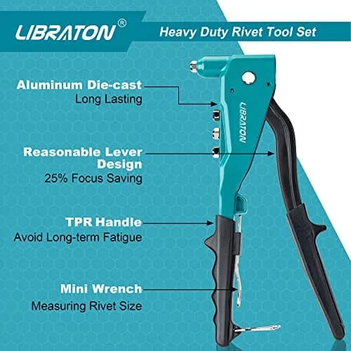 LIBRATON Heavy Duty Rivet Gun Set with 110 Rivets & 4 HSS Drills | Professional Hand Riveter for Metal, Wood, Plastic thumbnail 3