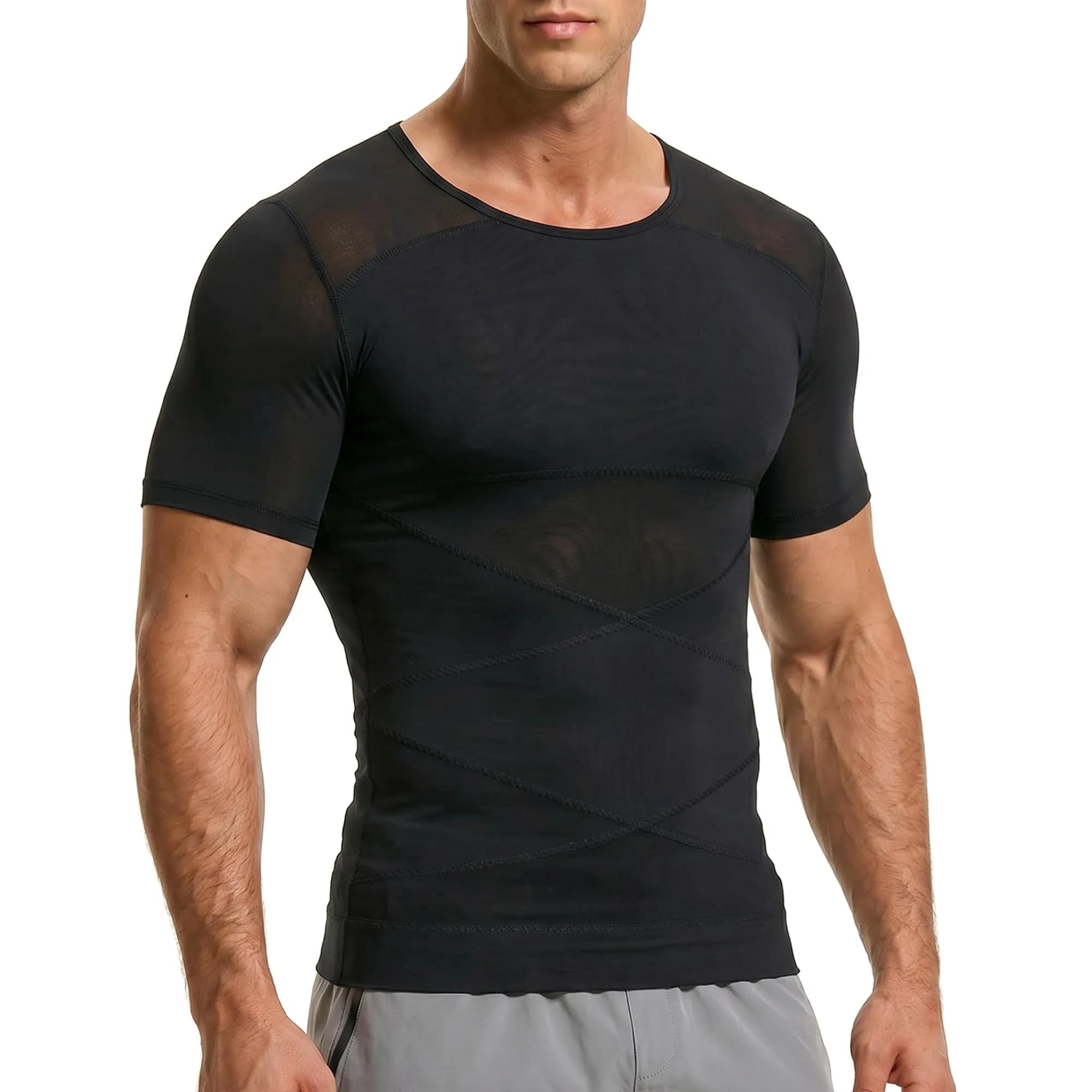 ISUP Mens Gynecomastia Compression Shirt Short Sleeve | Slimming Body Shaper Abdomen Tank White
