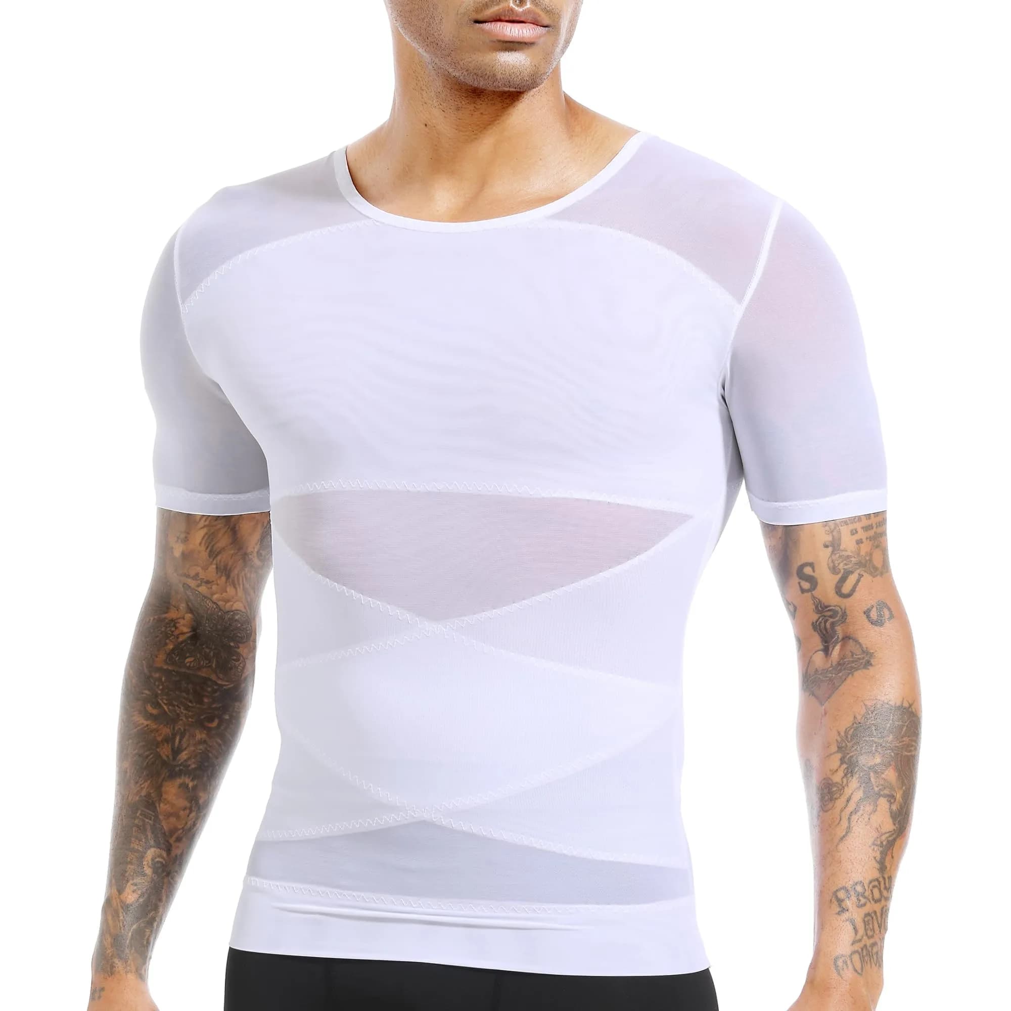 ISUP Mens Gynecomastia Compression Shirt Short Sleeve | Slimming Body Shaper Abdomen Tank White — White